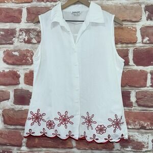 Jennifer Eden Shirt Women's 14 White Embroidered Floral Eyelet Button Front